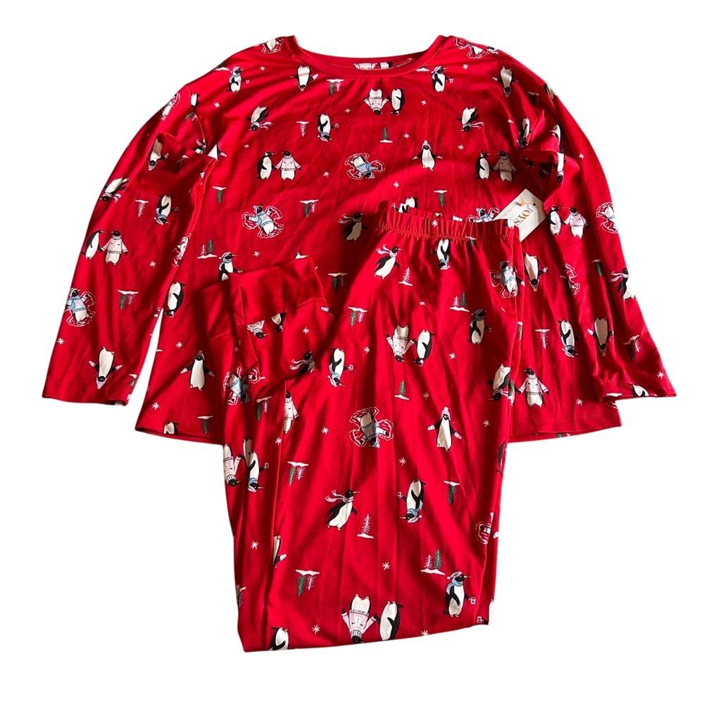 Joyspun Penguin Two Piece Pajama Set Womens Size Small 4-6 Red Pajamas Pjs Soft